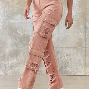 Distressed Straight Leg Jeans in Coral Pink